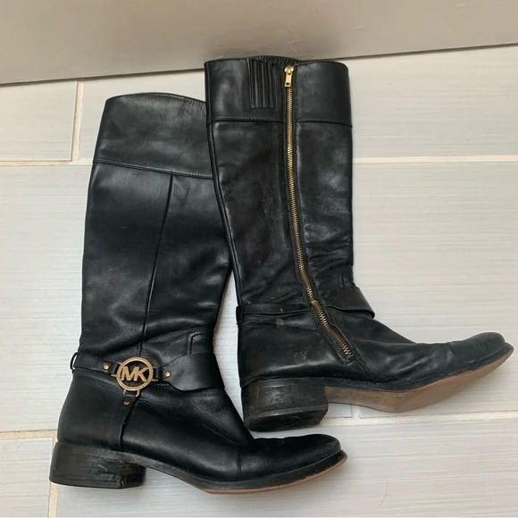 Michael Kors Black Gold Tall Leather Riding Boots Equestrian 10 - Picture 4 of 15